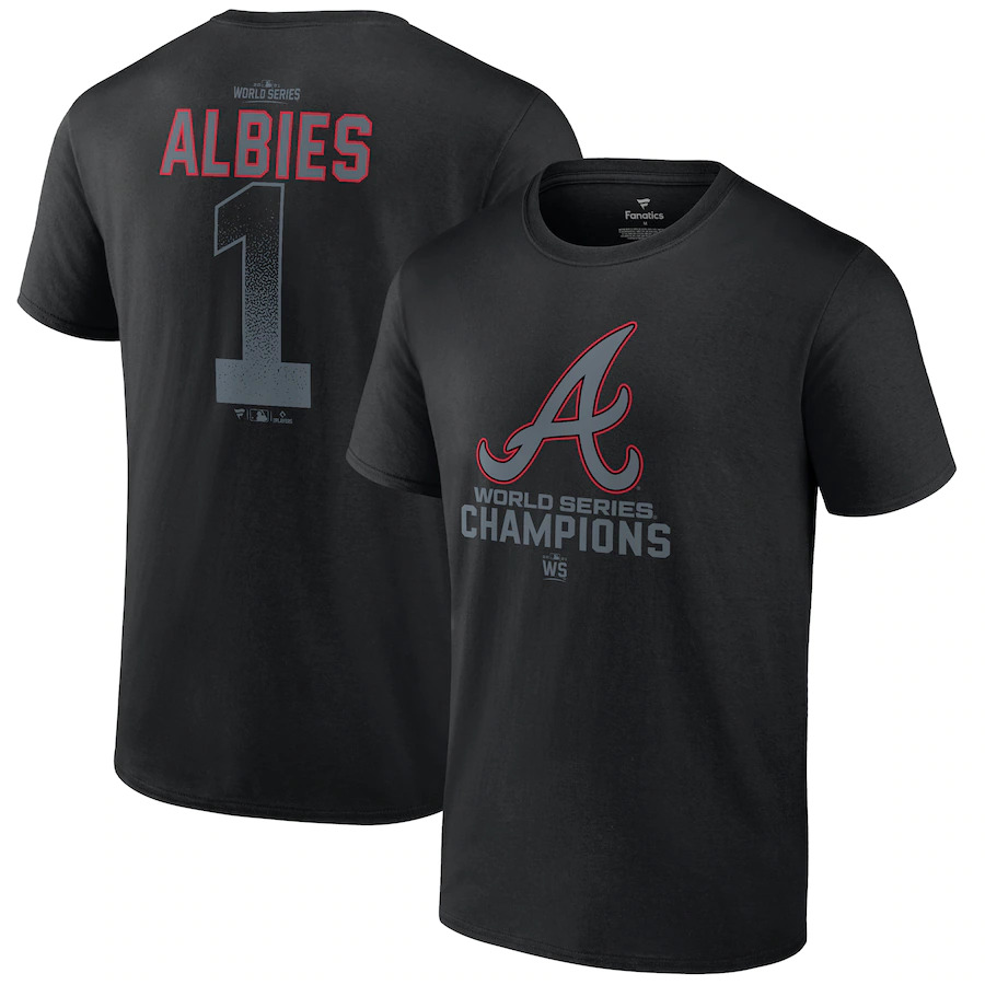 Men's Atlanta Braves #1 Ozzie Albies Black Black 2021 World Series Champions Name & Number T-Shirt